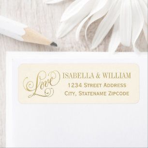 Etiqueta Dirección de Boda Caligrafía Amor Marfil Dorado