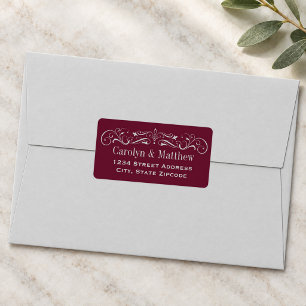 Etiqueta Dirección de Boda con Floritura de Plata Granate