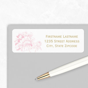 Etiqueta Dirección de Boda Floral Peonía Dorado Rosa