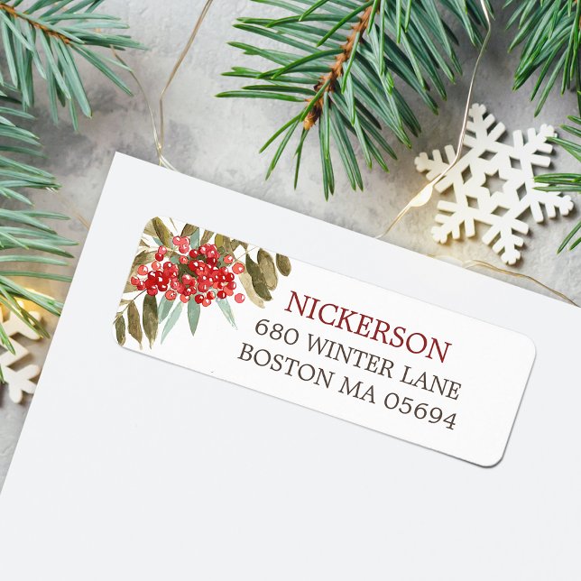 Etiqueta Dirección de devolución Bayas de Navidad en acuare (Watercolor Christmas Berries Return Address Label)