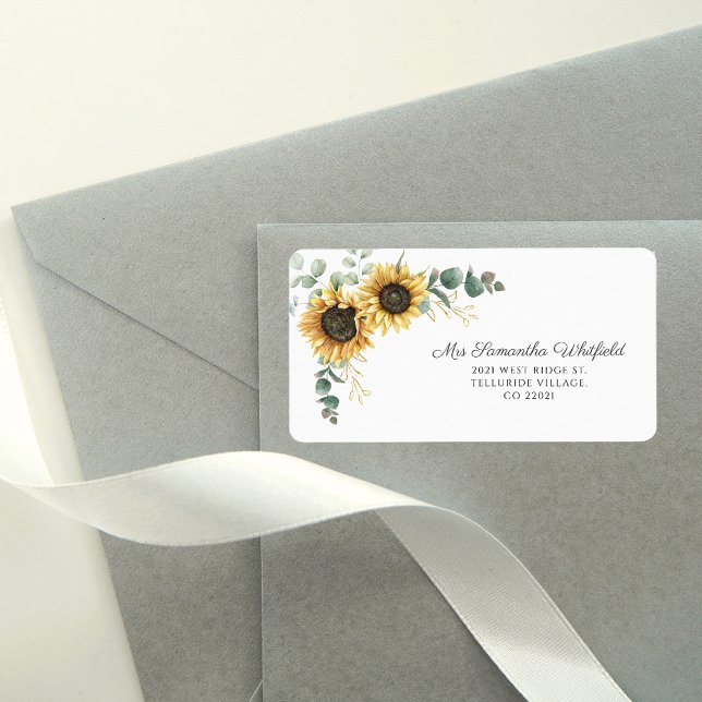Etiqueta Dirección de devolución botánica de girasol de euc (Sunflower Eucalyptus Floral Script Address Label)