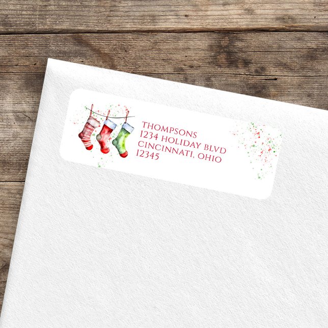 Etiqueta Dirección de devolución de almacenamiento de acuar (Whimsical cute watercolor holiday stockings return address label. )