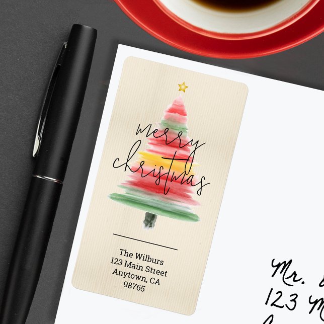 Etiqueta Dirección de devolución de árbol navideño acuarela (Modern watercolor striped Christmas tree return address labels)