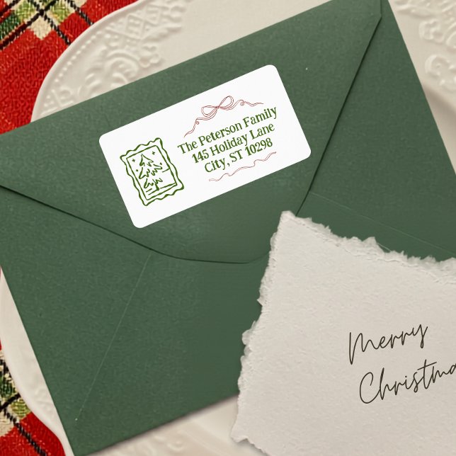 Etiqueta Dirección de devolución de arco dibujado a mano y  (Hand Drawn Bow And Christmas Tree Return Address Label)