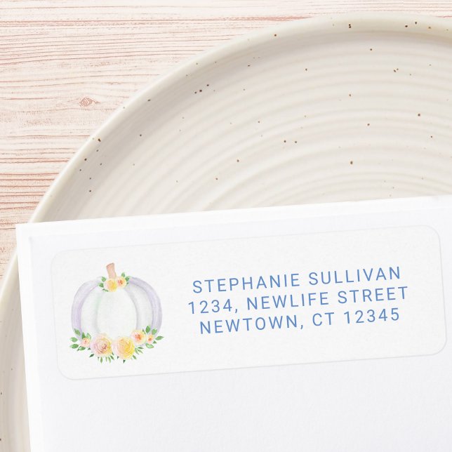 Etiqueta Dirección de devolución de Baby Shower de calabaza (Subido por el creador)