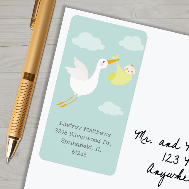 Etiqueta Dirección de devolución de Baby Shower del paquete (Yellow stork bundle unisex baby shower return address labels)