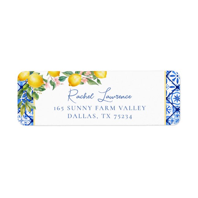 Etiqueta Dirección de devolución de baldosas azules limones (Frente)
