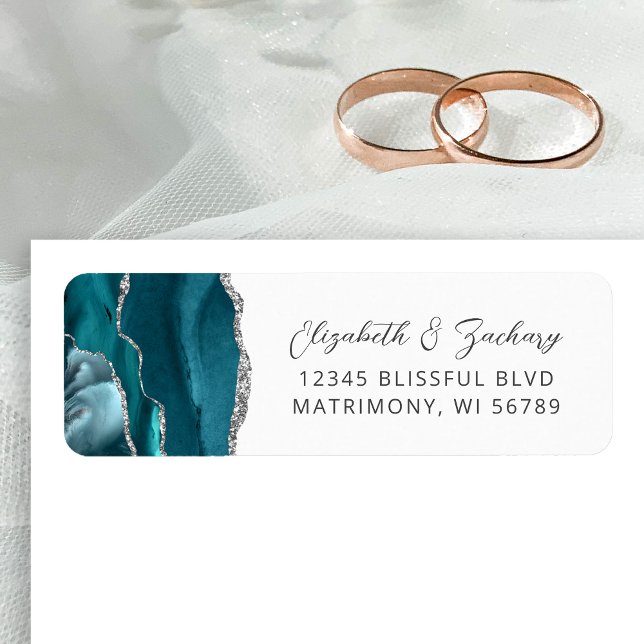 Etiqueta Dirección de devolución de boda Agate Teal Azul Pl (Subido por el creador)