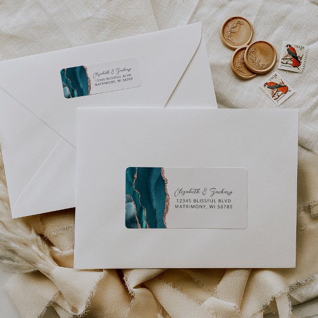 Etiqueta Dirección de devolución de boda Agate Teal Rose Go (Subido por el creador)