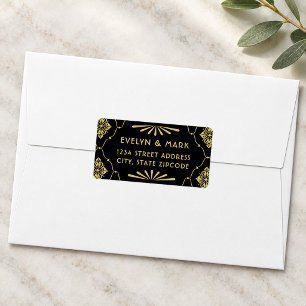 Etiqueta Dirección de devolución de boda Art Déco dorado ne