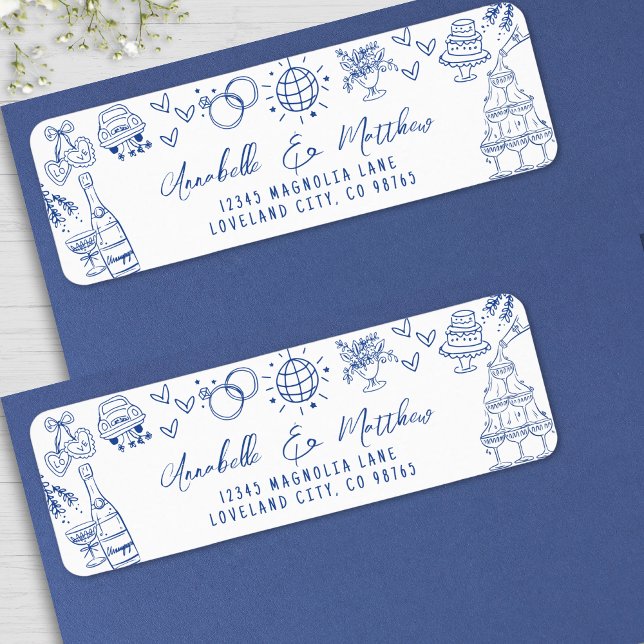 Etiqueta Dirección de devolución de boda azul caprichosa di (Hand Drawn Whimsical Blue Wedding Return Address label )