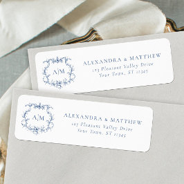 Etiqueta Dirección de devolución de Boda azul del Escudo fl