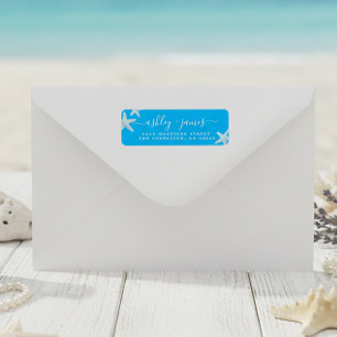 Etiqueta Dirección de devolución de Boda azul Starfish Beac