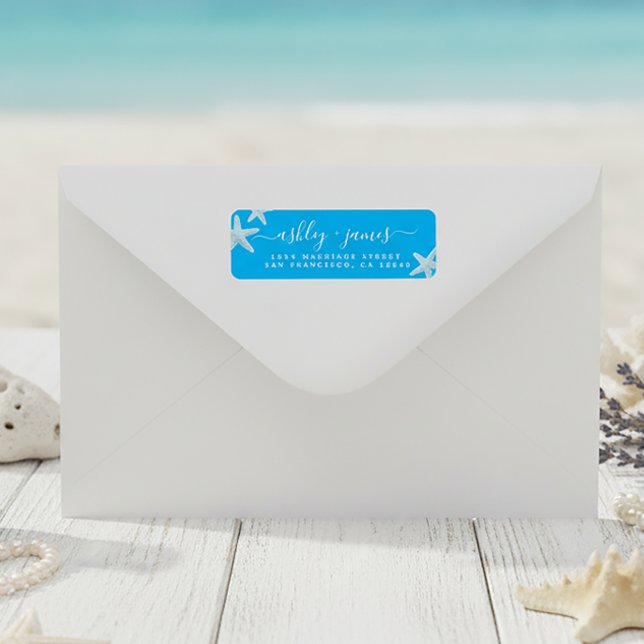 Etiqueta Dirección de devolución de Boda azul Starfish Beac (Subido por el creador)