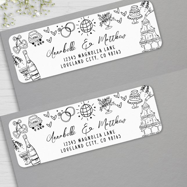Etiqueta Dirección de devolución de Boda caprichosa dibujad (Hand Drawn Whimsical Wedding Return Address label)