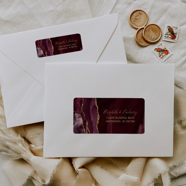 Etiqueta Dirección de devolución de boda Chic Burgundy Gold (Subido por el creador)