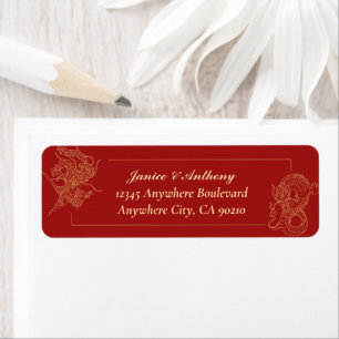 Etiqueta Dirección de devolución de boda china Dragón Fénix