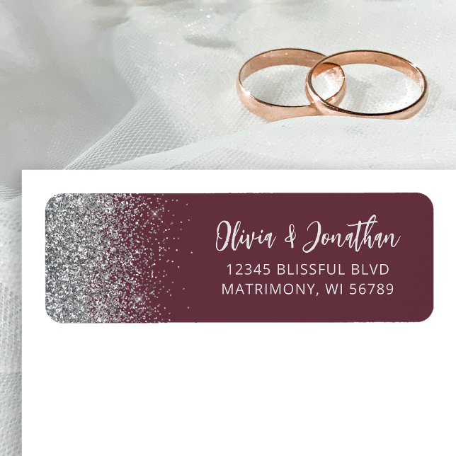 Etiqueta Dirección de devolución de boda con brillo platead (Subido por el creador)