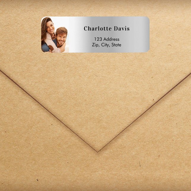 Etiqueta Dirección de devolución de boda con foto de plata  (Subido por el creador)