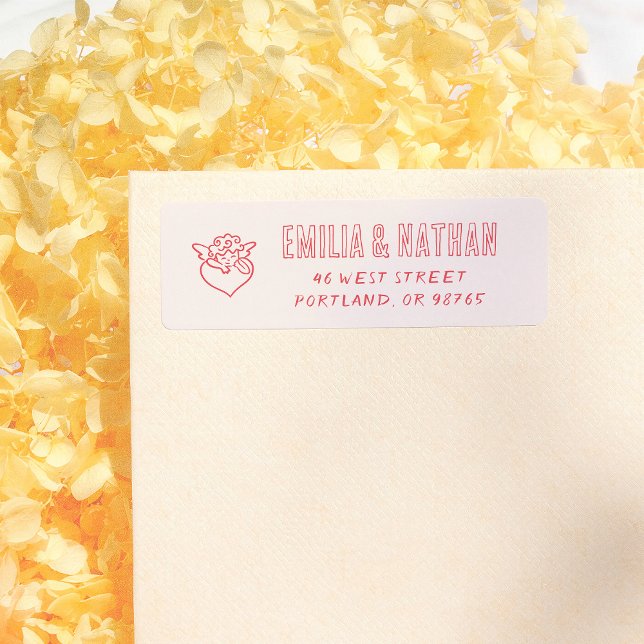 Etiqueta Dirección de devolución de boda Cupido dibujada a  (Subido por el creador)