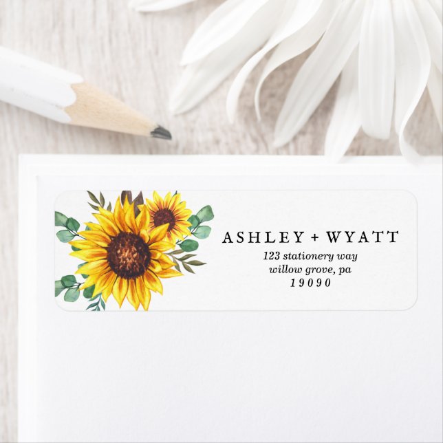 Etiqueta Dirección de devolución de boda de girasol amarill (In situ)
