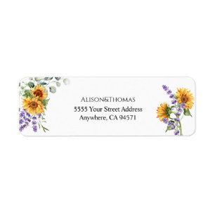 Etiqueta Dirección de devolución de boda de girasol y lavan