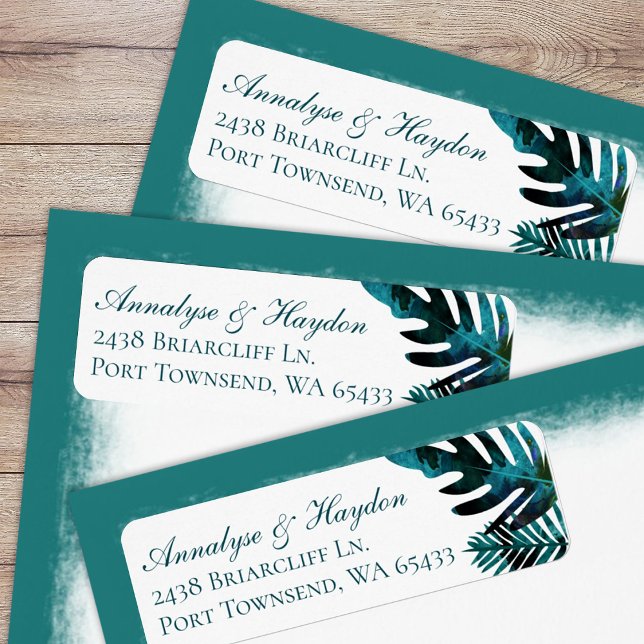 Etiqueta Dirección de devolución de Boda de hojas tropicale (tropical teal green, turquoise island palm leaves, fern leaf, monstera return address labels)