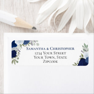 Etiqueta Dirección de devolución de boda floral azul elegan