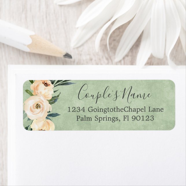 Etiqueta Dirección de devolución de boda floral beige verde (In situ)