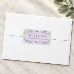 Etiqueta Dirección de devolución de boda floral púrpura rús