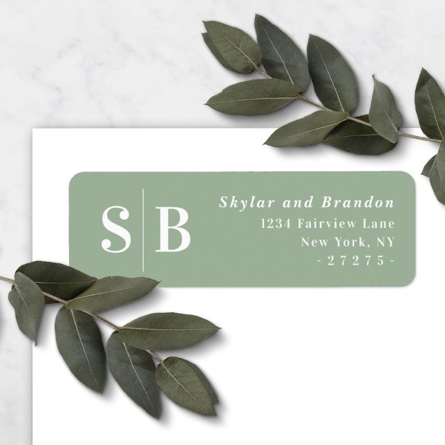 Etiqueta Dirección de devolución de boda monogramada verde  (Subido por el creador)