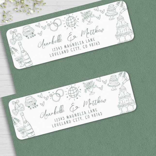 Etiqueta Dirección de devolución de Boda verde caprichosa d (Hand Drawn Whimsical Green Wedding Return Address label )