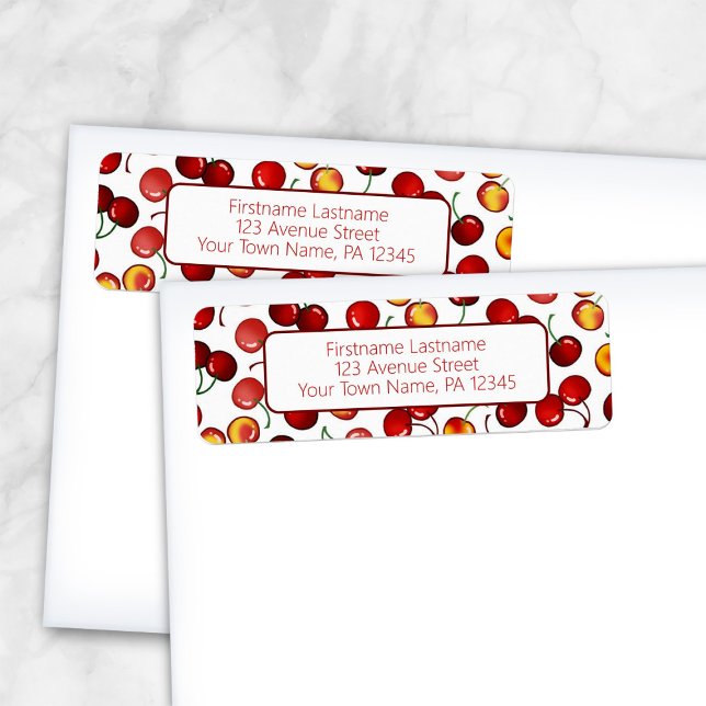 Etiqueta Dirección de devolución de cerezas rojas (Red Cherries Return Address Labels from Artistically Invited, as shown on envelopes.)