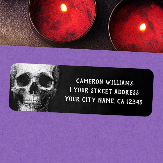 Etiqueta Dirección de devolución de cráneo espeluznante Hal (Spooky skull Halloween black return address Label)