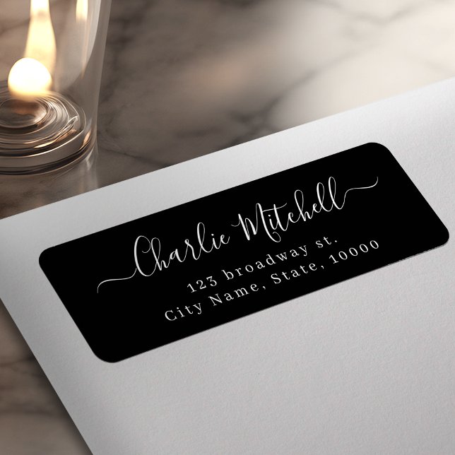 Etiqueta Dirección de devolución de escritura simple elegan (Black Modern simple elegant script return address Label)