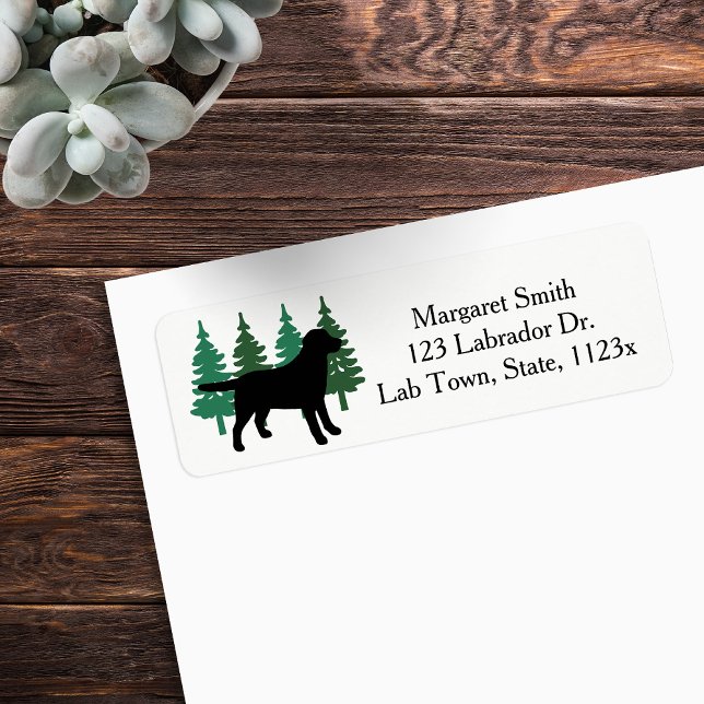 Etiqueta Dirección de devolución de esquema de Labrador neg (Black Labrador Outline Evergreen Design Return Address Labels for Labrador Owners.  Silhouette.)