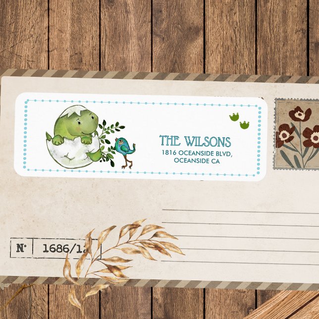 Etiqueta Dirección de devolución de fiesta de bebé de Dino  (Cute Hatching Dino Baby Shower Return Address Label)