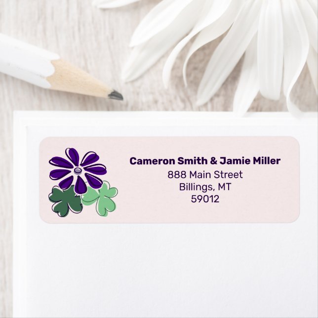 Etiqueta Dirección de devolución de flor verde y púrpura (In situ)