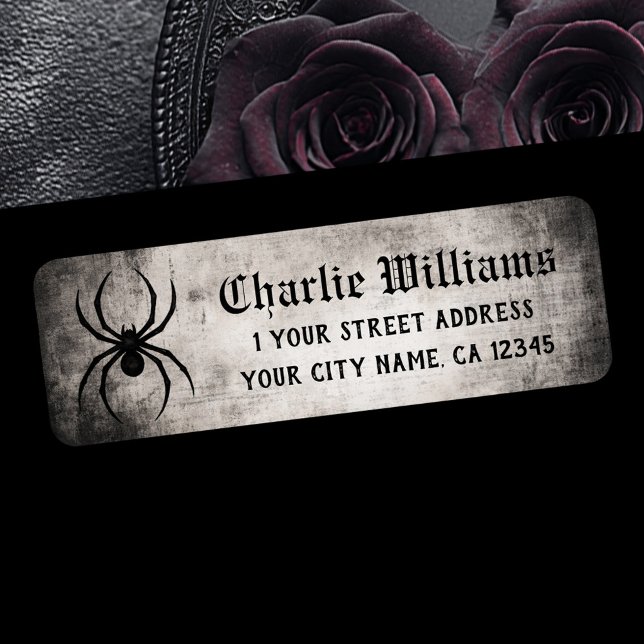 Etiqueta Dirección de devolución de Halloween con araña y t (Spider gritty grunge Halloween return address Label)
