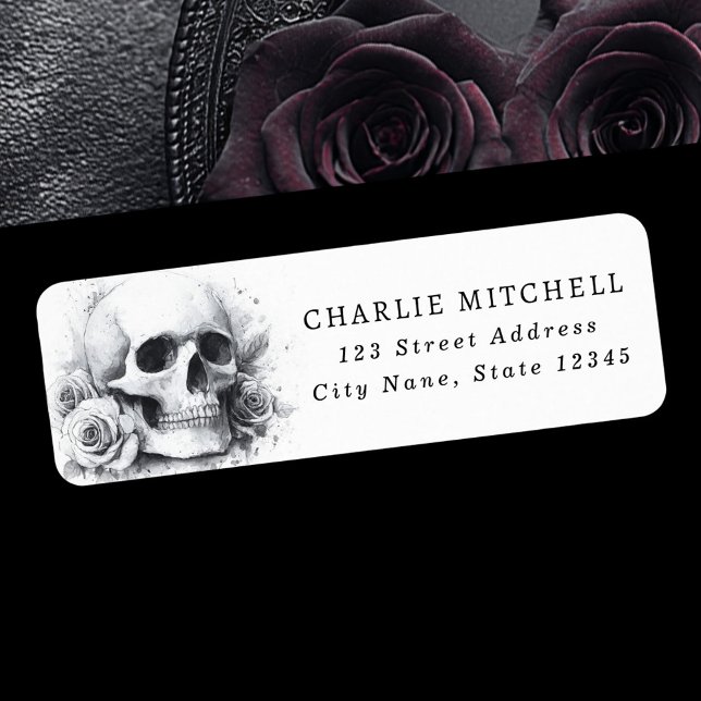 Etiqueta Dirección de devolución de Halloween con calaveras (Skull with roses Halloween return address Label)