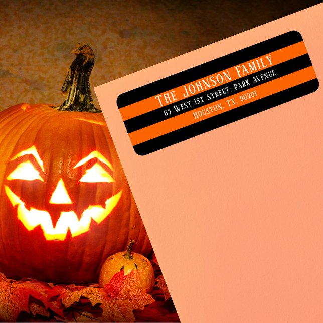 Etiqueta Dirección de devolución de Halloween de franjas ne (Chic Orange Black Stripes Halloween Return Address Label)
