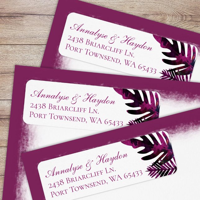 Etiqueta Dirección de devolución de hojas tropicales rosada (tropical berry pink, magenta, maroon island palm leaves, fern leaf, monstera return address labels)