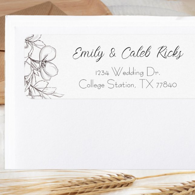 Etiqueta Dirección de devolución de la línea floral blanca  (black and white script wedding return address label flower)