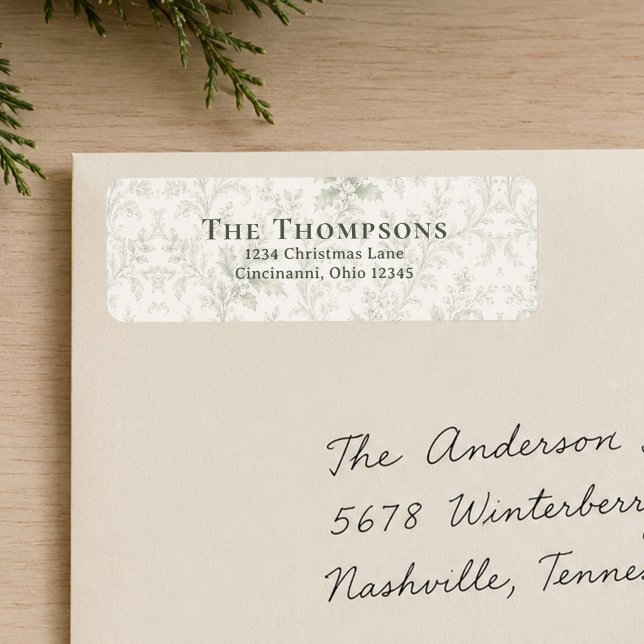 Etiqueta Dirección de devolución de Navidad con follaje ver (Elegant green floral return address labels for Christmas cards and festive holiday mail.)