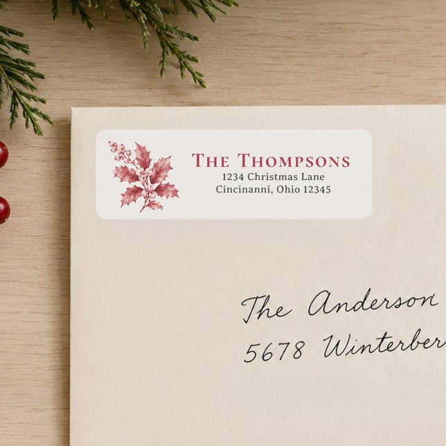 Etiqueta Dirección de devolución de Navidad con vegetación  (Festive return address labels featuring red holly berries and seasonal Christmas greenery.)