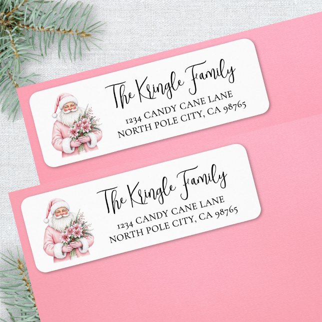 Etiqueta Dirección de devolución de Navidad de Santa Rosa (Pink Santa Christmas Return Address label )