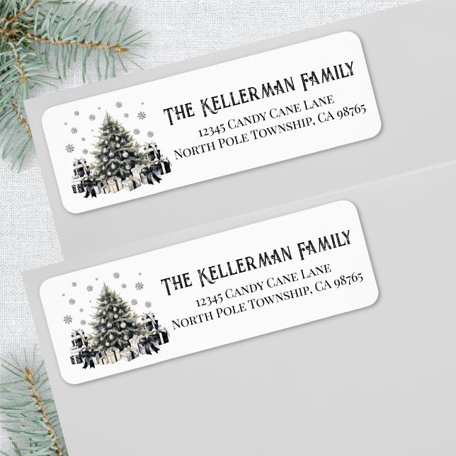 Etiqueta Dirección de Devolución de Navidad Elegante Blanco (Black White Elegant Christmas Return Address label )