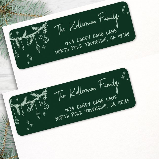 Etiqueta Dirección de Devolución de Navidad Verde Dibujada  (Hand Drawn Green Christmas Return Address label )