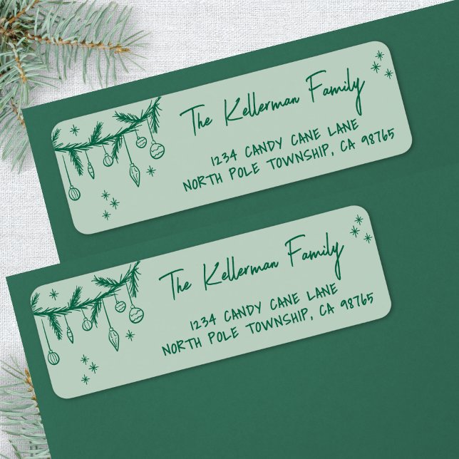 Etiqueta Dirección de Devolución de Navidad Verde Dibujada  (Hand Drawn Green Christmas Return Address label)