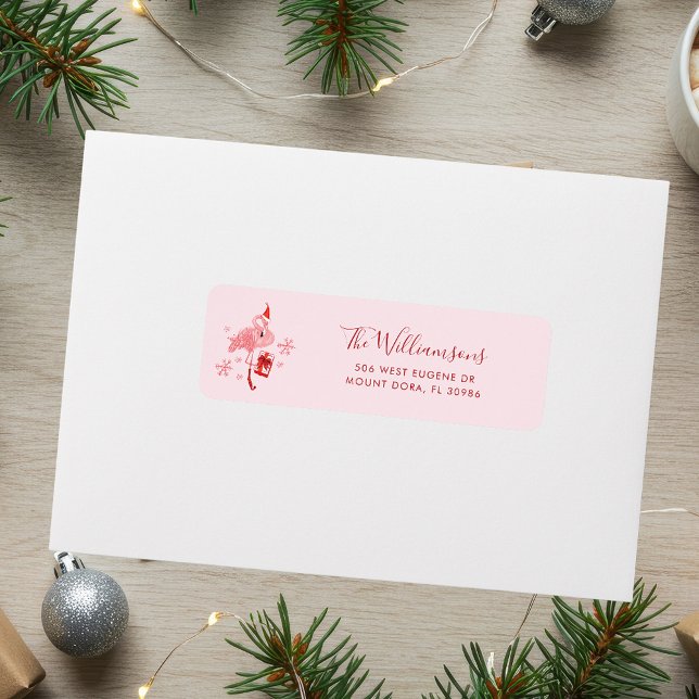 Etiqueta Dirección de devolución de Navidades caprichosos d (Pink Flamingo Whimsical Christmas Return Address Label)